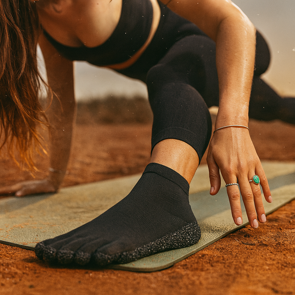 Person practicing yoga outdoors on a mat while wearing black sock shoes with a flexible five-toe barefoot design and textured grip soles