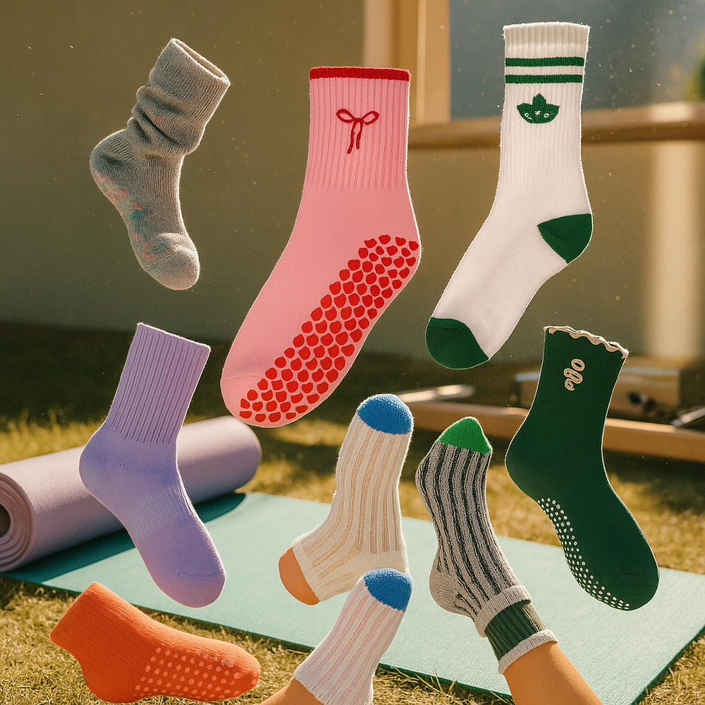 Colorful non-slip Pilates grip socks and yoga socks displayed above an exercise mat outdoors, showing various textures, patterns, and traction soles for studio and fitness workouts